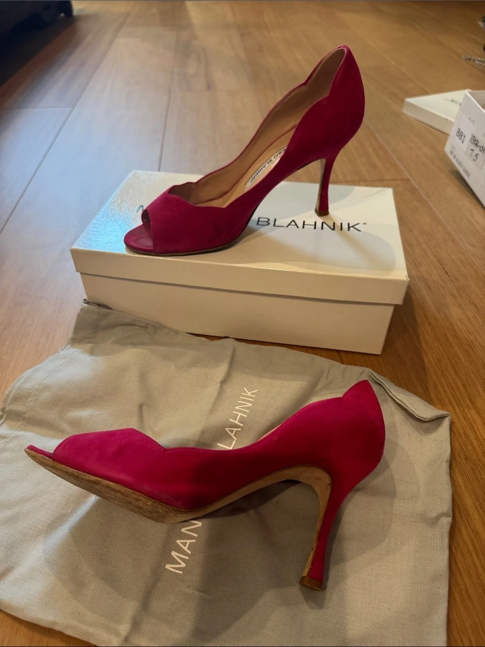 Manolo Blahnik Fuchsia Suede Peep-Toe Pumps